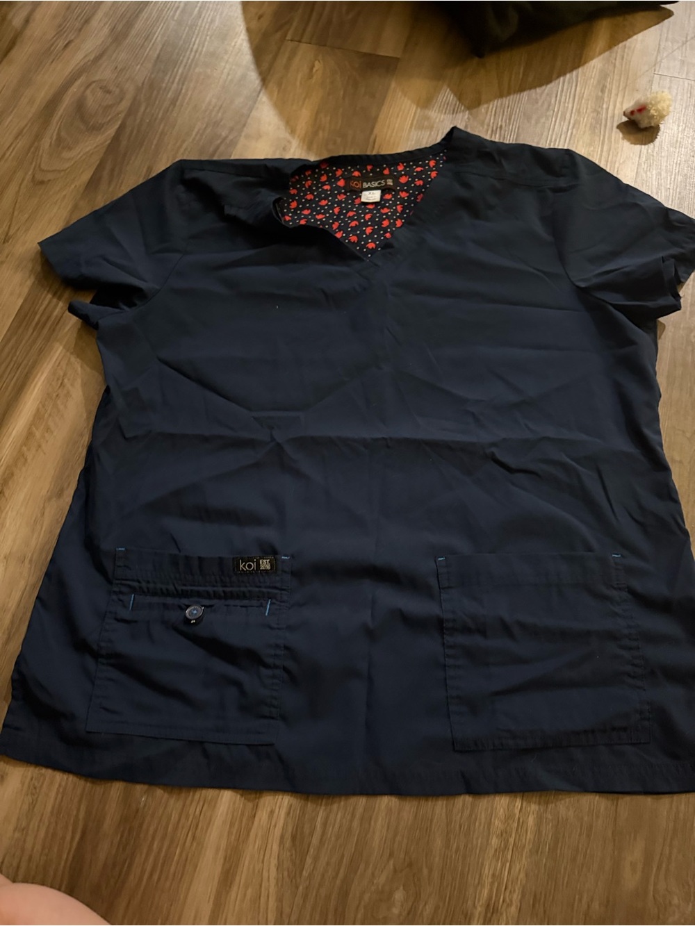 koi Navy Scrub Top with Red Floral Lining